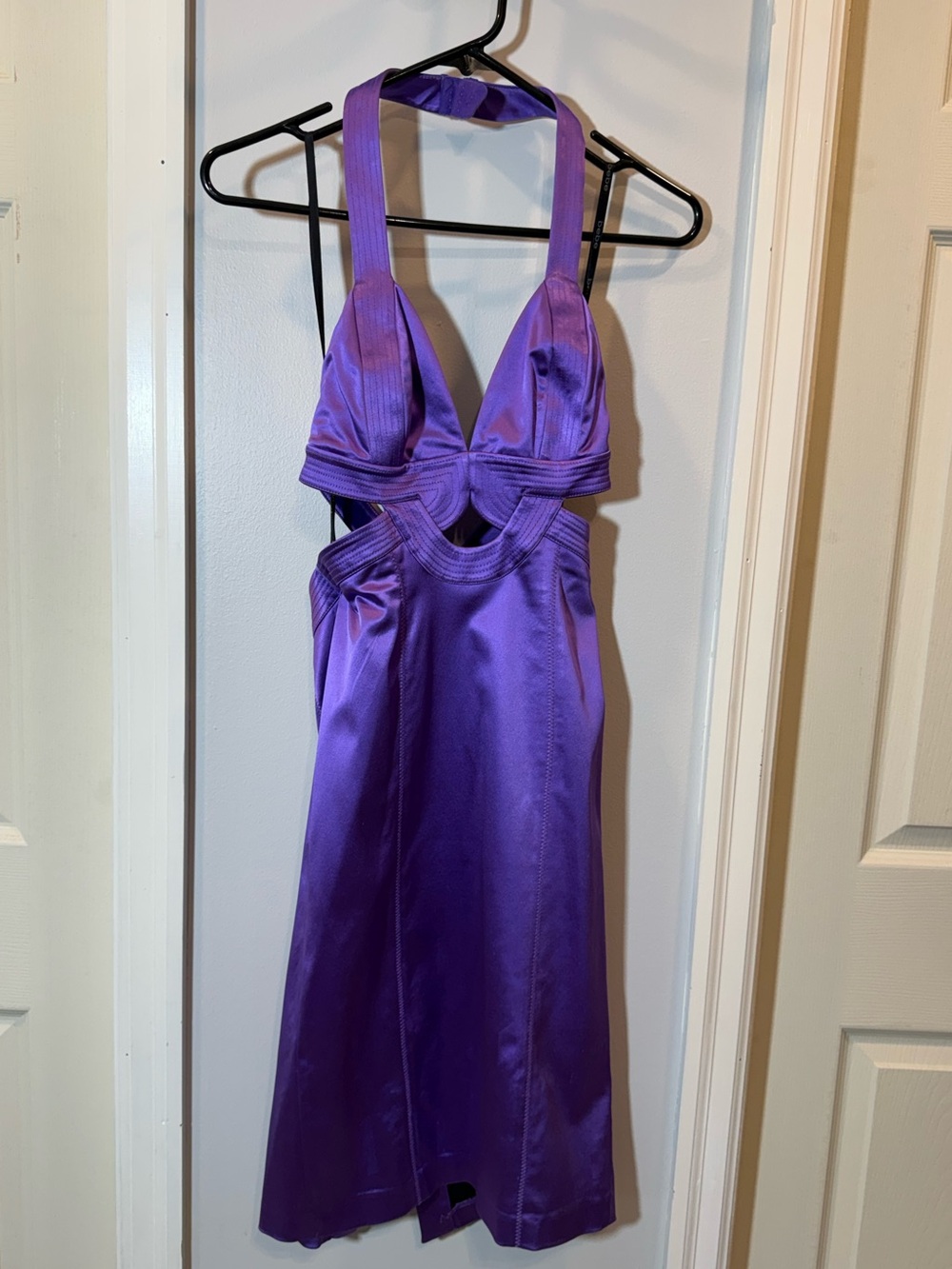 Bebe Purple Halter Cutout Satin Dress